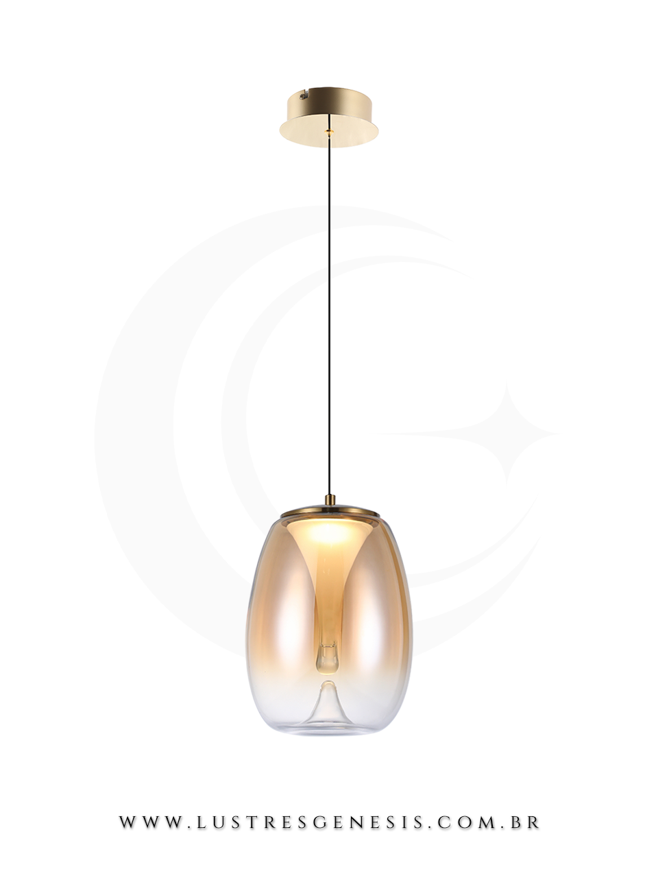 Pendente de Teto Bivolt 8W Metal Dourado e Vidro Fum&ecirc;